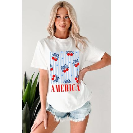 White Bow Cherry AMERICA Graphic Crewneck Patriotic T Shirt