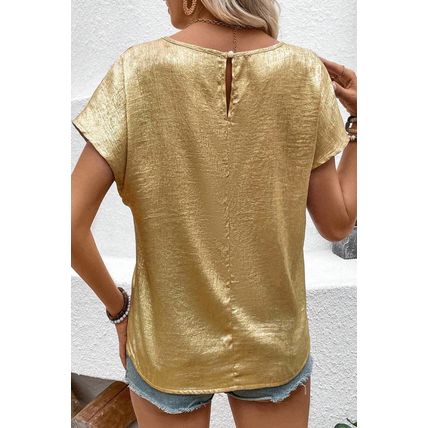 Gold Glossy Round Neck Pleated Detail Short Sleeve Blouse