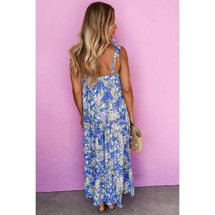 Sky Blue Floral Print Self-tie Straps Flowy Ruffle Long Dress