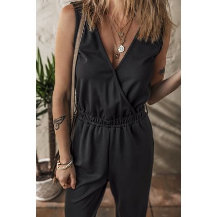 Black Wrap V Neck Sleeveless High Waist Jumpsuit
