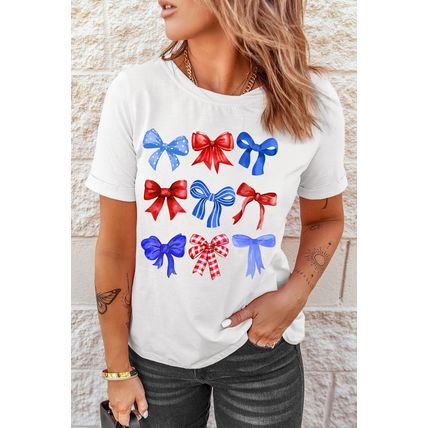 White USA Inspire Bow Print Crewneck Independence Day Tee