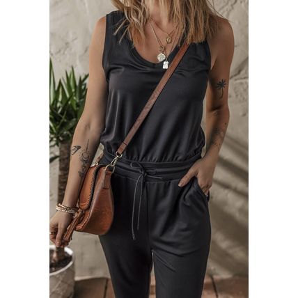 Black Casual Tank Style Tie Waist Pocketed Jogger Jumpsuit