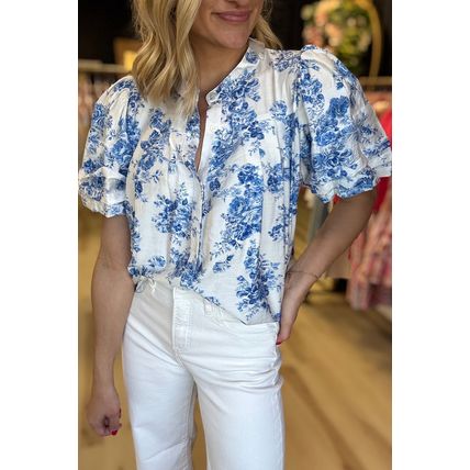 Sky Blue Floral Tiered Puff Short Sleeve Pleated Bust Buttoned Casual Shirt