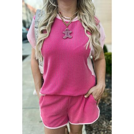 Rose Red 3D Spiral Ribbed Texture 2 Tones Patchwork Short Set