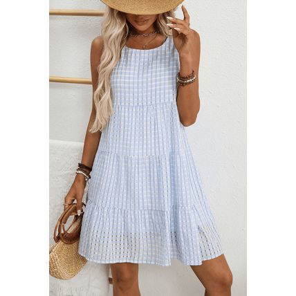 Light Blue Plaid Tiered A-line Sleeveless Mini Sundress