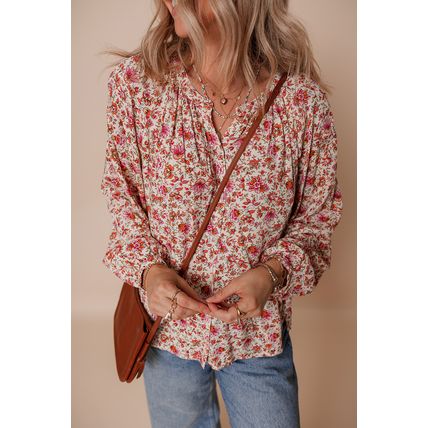 Red Floral Print Pleated Detail Notched Neck Puff Sleeve Blouse