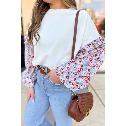 White Floral Ruffled Balloon Sleeve Patchwork Loose Blouse