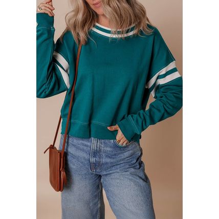 Blackish Green Contrast Striped Patchwork Round Neck Drop Shoulder Sweatshirt