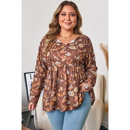 Khaki Floral Textured Tied Neck Long Sleeve Plus Size Babydoll Blouse