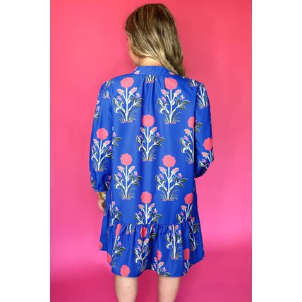 Blue Floral Print Button Detail 3/4 Puff Sleeve Ruffle Hem Dress
