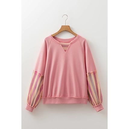 Blossom Striped Mesh Sleeve Patchwork Exposed Seam Casual Pullover Top