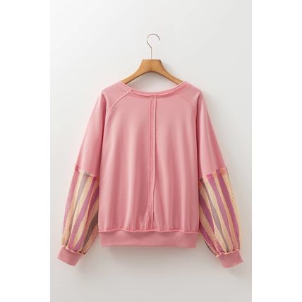 Blossom Striped Mesh Sleeve Patchwork Exposed Seam Casual Pullover Top