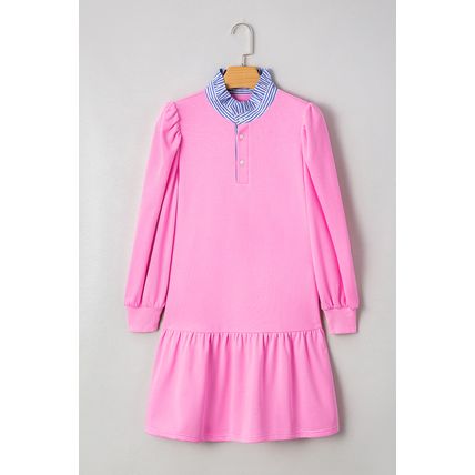 Pink Contrast Striped Collar Patchwork Puff Sleeve Ruffle Hem Mini Dress