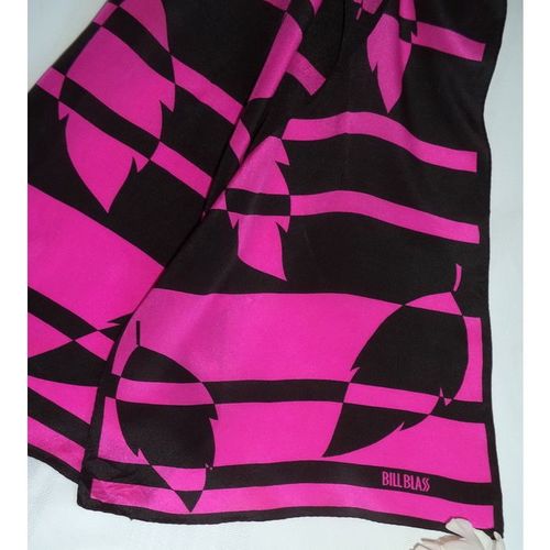 Bill Blass Silk Vintage Long Black Electric Pink Leaf Mod Scarf Sash Foulard