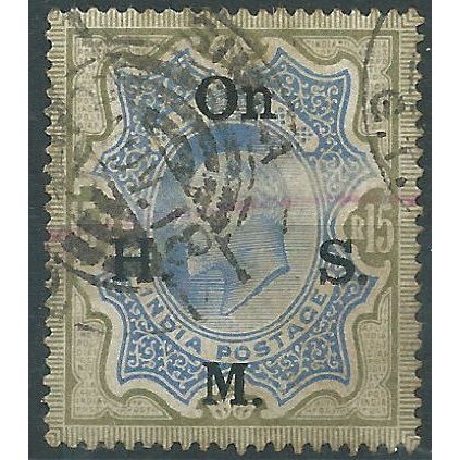 India 1909 O71 15 Rupees Blue & Olive-Brown On HMS SERVICE Fine Used....