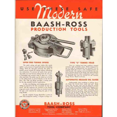 BAASH-ROSS TOOL COMPANY 1936 Modern tubing spider head oil vintage ad