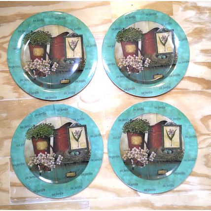 (4) Melamine au jardin Evergreen Plates - Floral/Pitcher Scene - Minimal Wear!