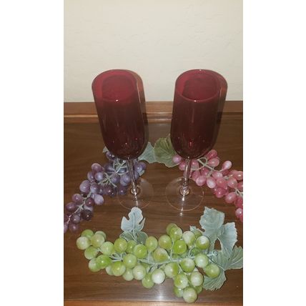 VINTAGE RUBY RED CHAMPAGNE LONG STEMMED FLUTE GLASSES SET OF 2 STUNNING