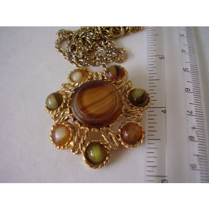 Vintage Necklace & Brooch Cabochon Banded Agate Glass 2-in-One 1950's Duo