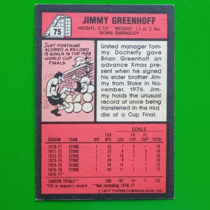 TOPPS FOOTBALL RED BACK 1977 #75 MANCHESTER UNITED Jimmy Greenhoff