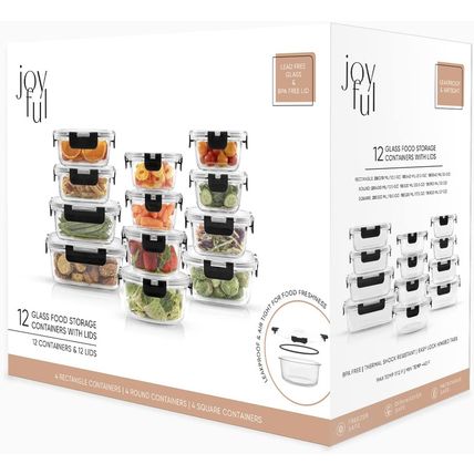 Joyjolt Joyful 24Pc(12 Airtight, Freezer Safe Food Storage Containers and 12 Lid