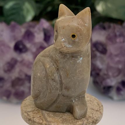 Soapstone Cat Figurine Crystal Carving Sitting Kitty Pet Figure Yellow Eyes 2.2"