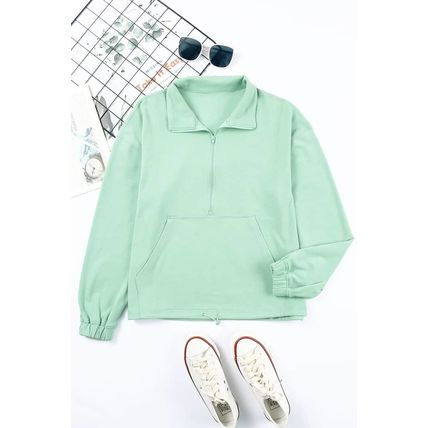 Green Zip Front Pocketed Pullover Sweatshirt