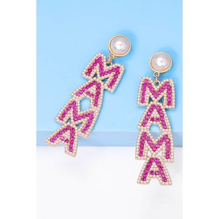 Rose Red MAMA Rhinestone Pearl Dangle Stud Earrings