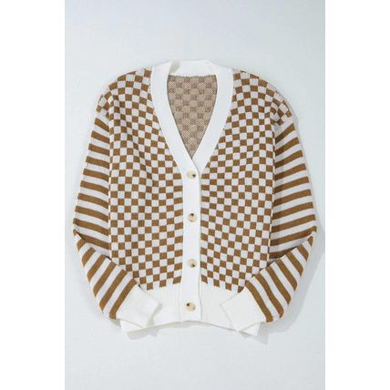 Brown Checkered Striped Patched Buttoned V Neck Cardigan