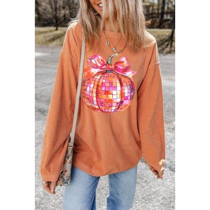 Orange Bow Pumpkin Graphic Crewneck Corded Thanksgiving Sweatshirt