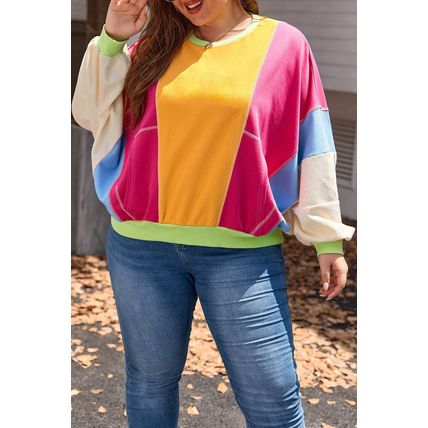 Rose Red Plus Size Colorblock Patchwork Exposed Seam Sweatshirt