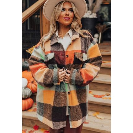 Orange Plaid Print Flap Pocket Long Jacket