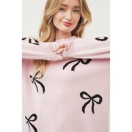 Light Pink Bow Pattern Knitted Loose Fit Sweater
