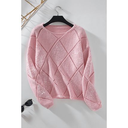 Light Pink Hollowed Rhombus Pattern Sequin Detail Round Neck Sweater