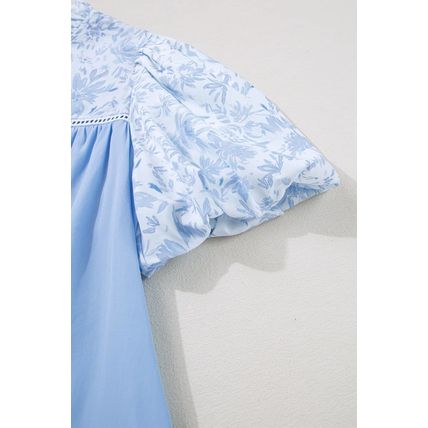 Beau Blue Lace Insert Floral Puff Sleeve Patchwork Loose Blouse