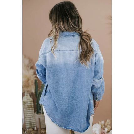Sky Blue Plus Size Chest Pocket Button-Up Denim Shacket