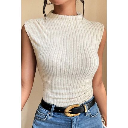 Apricot Ribbed Knit Mock Neck Tank Top