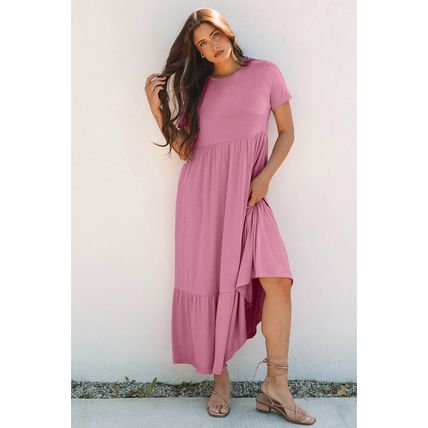 Pink Solid Color T-shirt High Waist Pocketed Long Dress