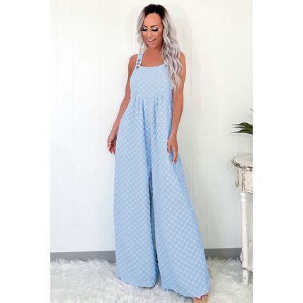 Beau Blue Checkered Pocketed High Waist Wide Leg Overall