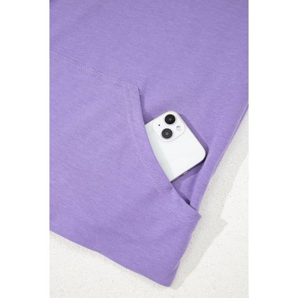 Purple Short Sleeve Buttoned Neck Kangaroo Pocket Hoodie