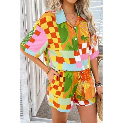 Red Vacation Printed Loose Shirt and Drawstring Shorts Set