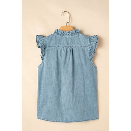 Beau Blue Frilly Ruffle Trim V Neck Chambray Tank Top