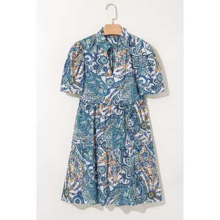 Blue Bohemian Paisley Floral V Neck Short Sleeve Mini Dress