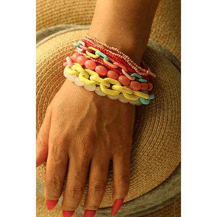 Pink Colorful Beaded Chain Link Layered Bracelet Set