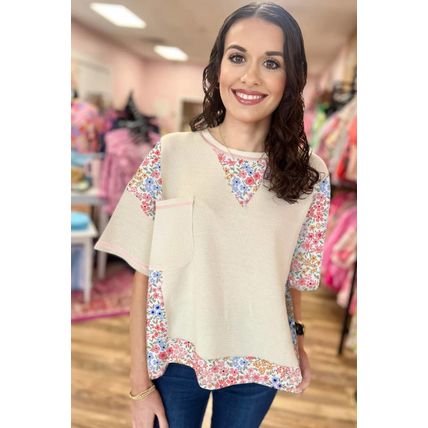 Beige Floral Patchwork Chest Pocket Wide Sleeve Waffle T Shirt