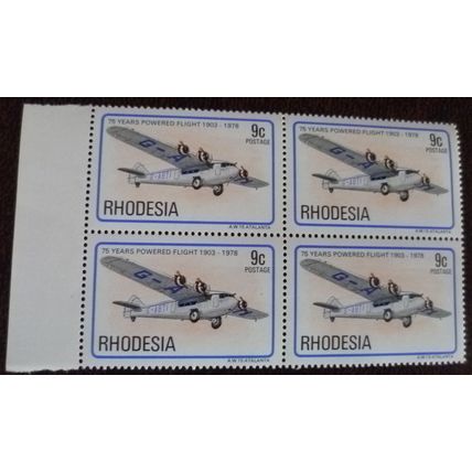 Rhodesia 1978 75th Anniversary Powered Flight 9c plane block mint stamps SG573
