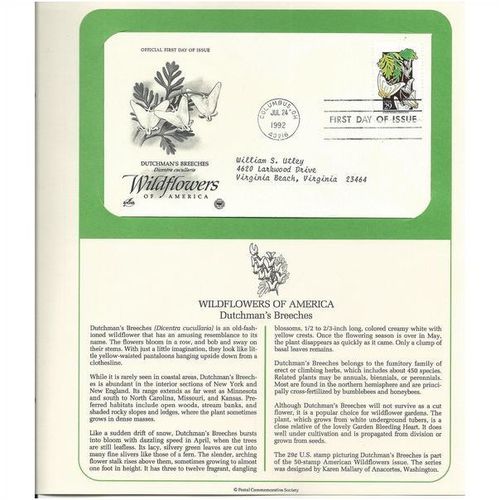 WILDFLOWERS OF AMERICA : DUTCHMAN'S ' OFFICIAL FIRST DAY of ISSUE ' (1992)