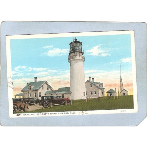 MA North Truro Lighthouse Postcard Highland Light w/Old Cars Cape Cod ligh~569