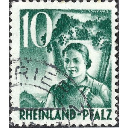 RHEINLAND PFALZ, Woman wine-making, dark green 1948, 10pf, #2