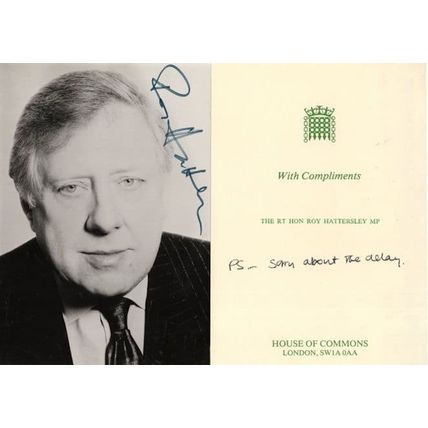 Roy Hattersley Labour MP Hand Signed Photo & House Of Commons COA
